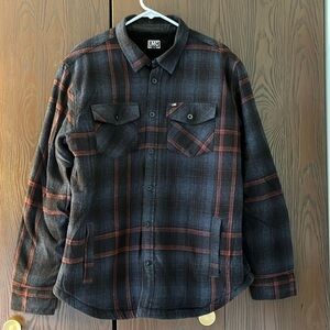 LMC men’s flannel, fleeced lined, heavyweight jacket. Blue with red stripes. L
